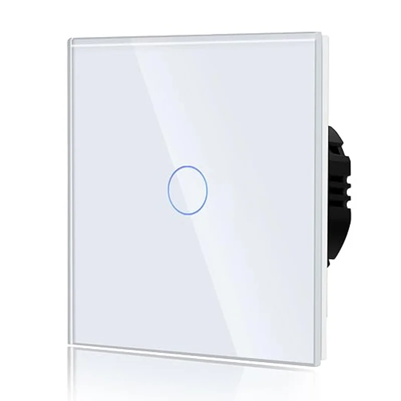Conmutador inteligente táctil blanco de cristal con un único punto de control iluminado en azul — el típico mecanismo 'smart' que se vende como 2 way para conmutadas