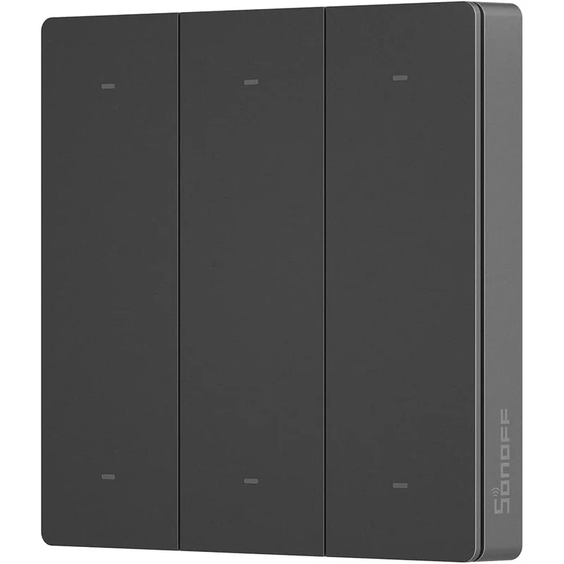 Sonoff SwitchMan R5 — interruptor inalámbrico de 3 botones que funciona como mando: por fuera parece un mecanismo normal, por dentro manda órdenes por radio a un relé