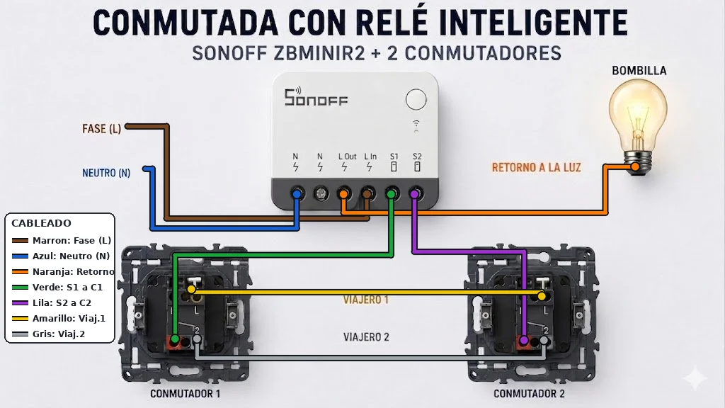 Esquema de cableado: relé inteligente Sonoff ZBMINIR2 instalado en una conmutada con dos conmutadores. Muestra las conexiones de fase, neutro, retorno a la bombilla y los cables viajeros S1 y S2.