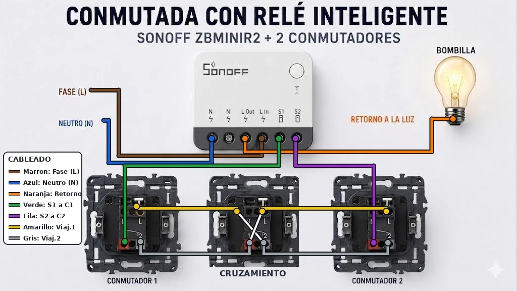 Esquema de cableado: relé inteligente Sonoff ZBMINIR2 instalado en una conmutada con cruzamiento. El cruzamiento intermedio queda intacto entre los dos conmutadores de los extremos.