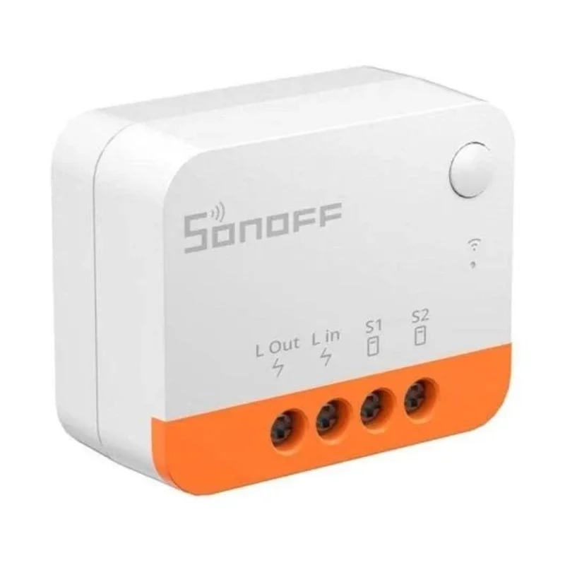 SONOFF ZBMINIL2 — mini relé inteligente Zigbee 3.0 sin neutro con bornes L Out, L in, S1 y S2 para domotizar luces conmutadas