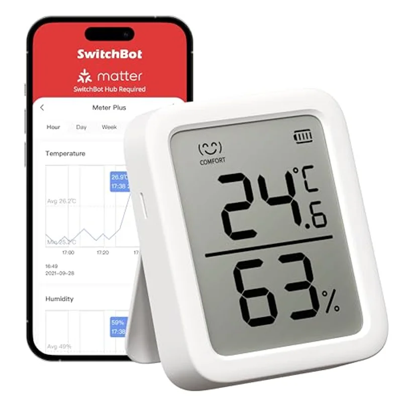SwitchBot Meter Plus — termómetro e higrómetro inteligente con pantalla LCD grande mostrando 24,6°C y 63% de humedad, junto a la app móvil con gráficas y compatibilidad Matter